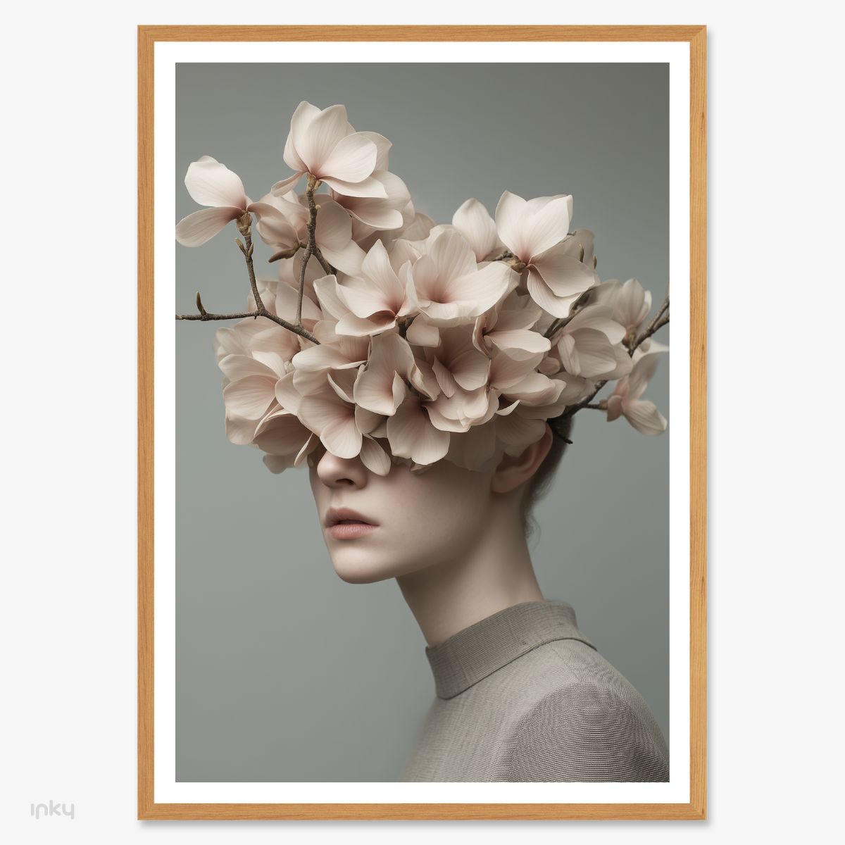 פוסטר סוריאליסטי של פורטרט אישה עם ראש מלא פרחים