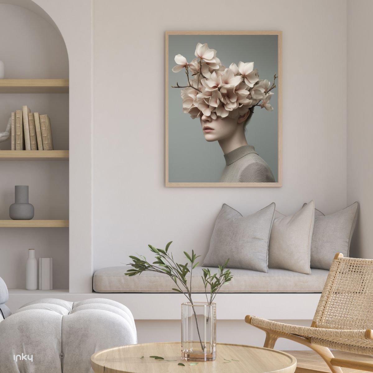 פוסטר סוריאליסטי של פורטרט אישה עם ראש מלא פרחים