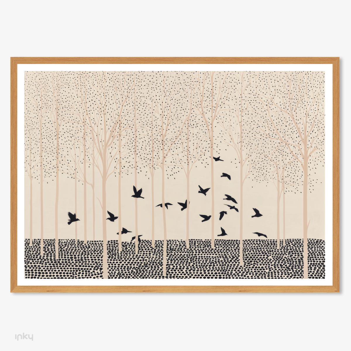 פוסטר איור מינימליסטי של יער וציפורים