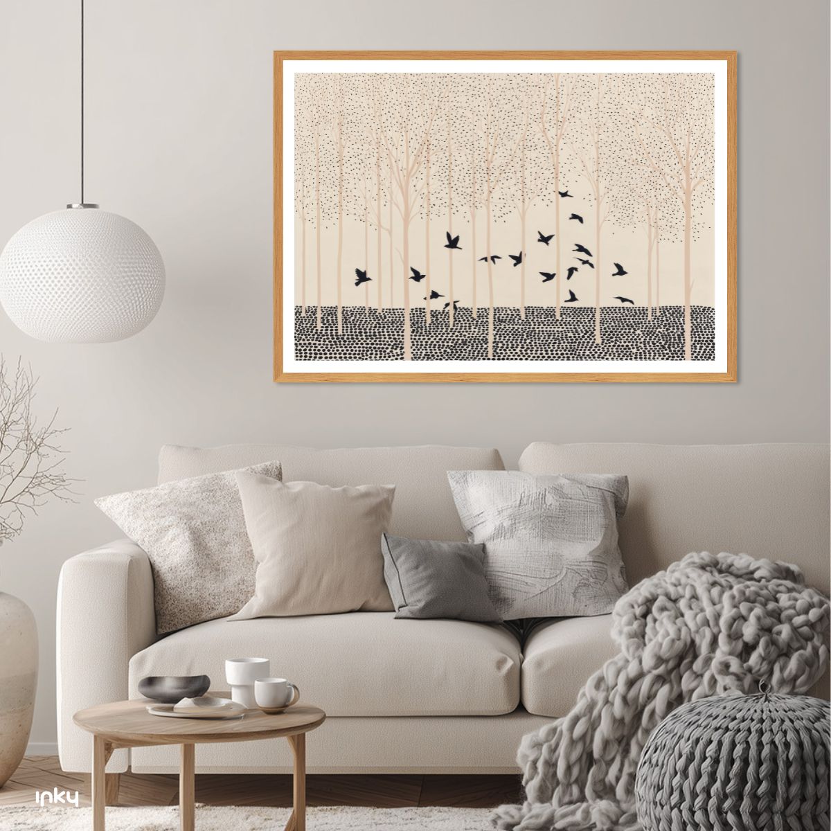 פוסטר איור מינימליסטי של יער וציפורים