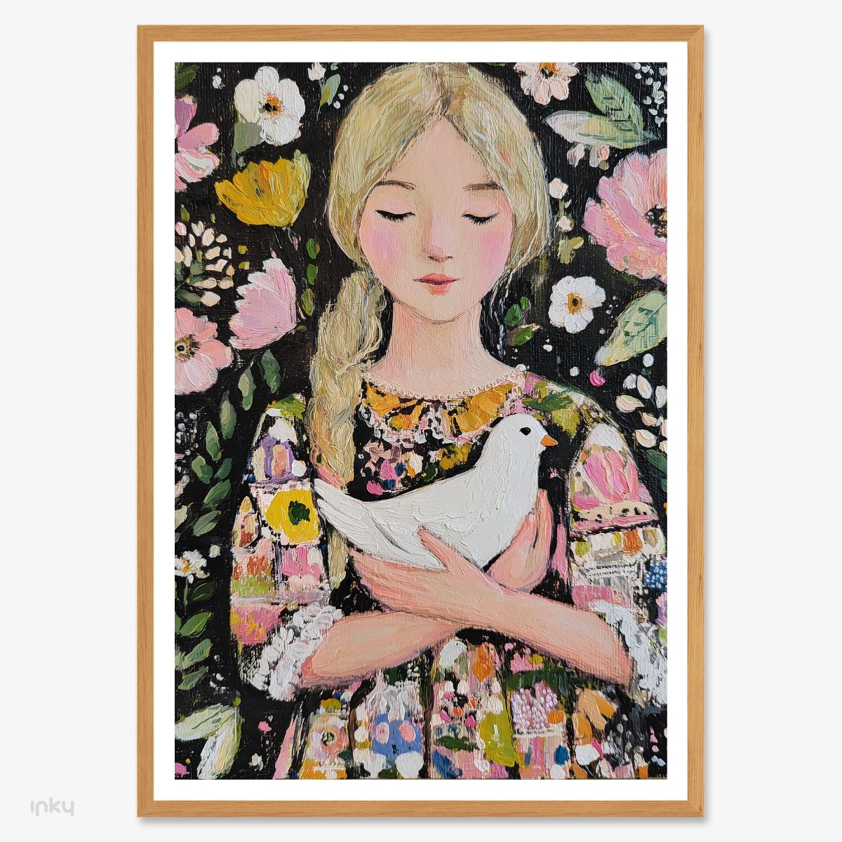 פוסטר מאוייר של נערה מחזיקה ציפור לבנה