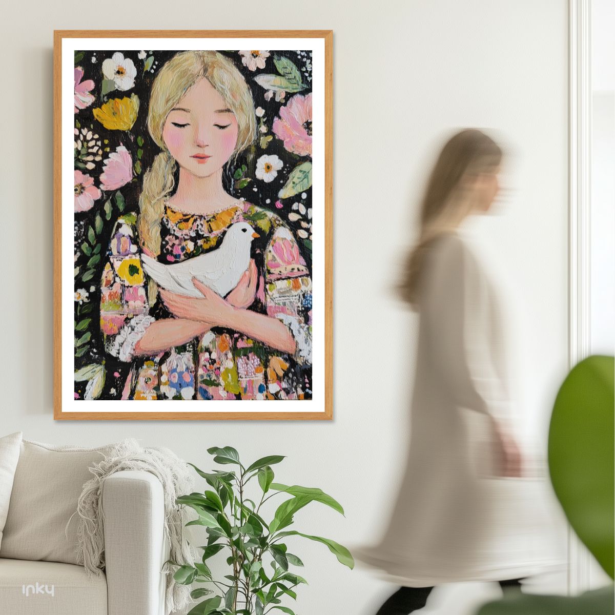 פוסטר מאוייר של נערה מחזיקה ציפור לבנה