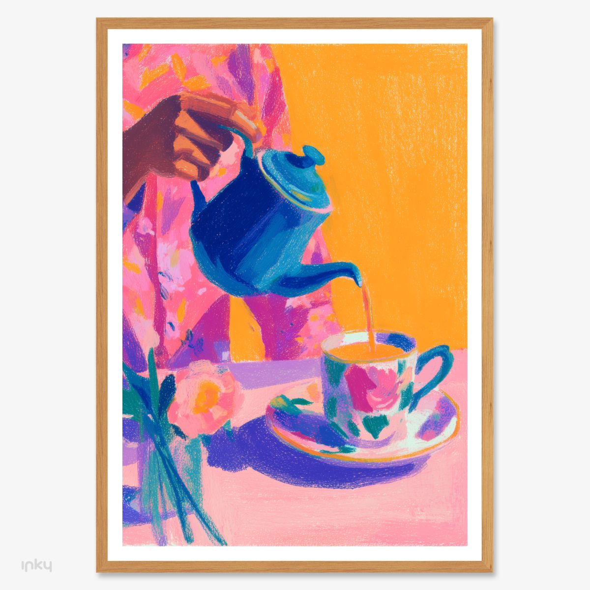 פוסטר צבעוני של אישה מוזגת תה