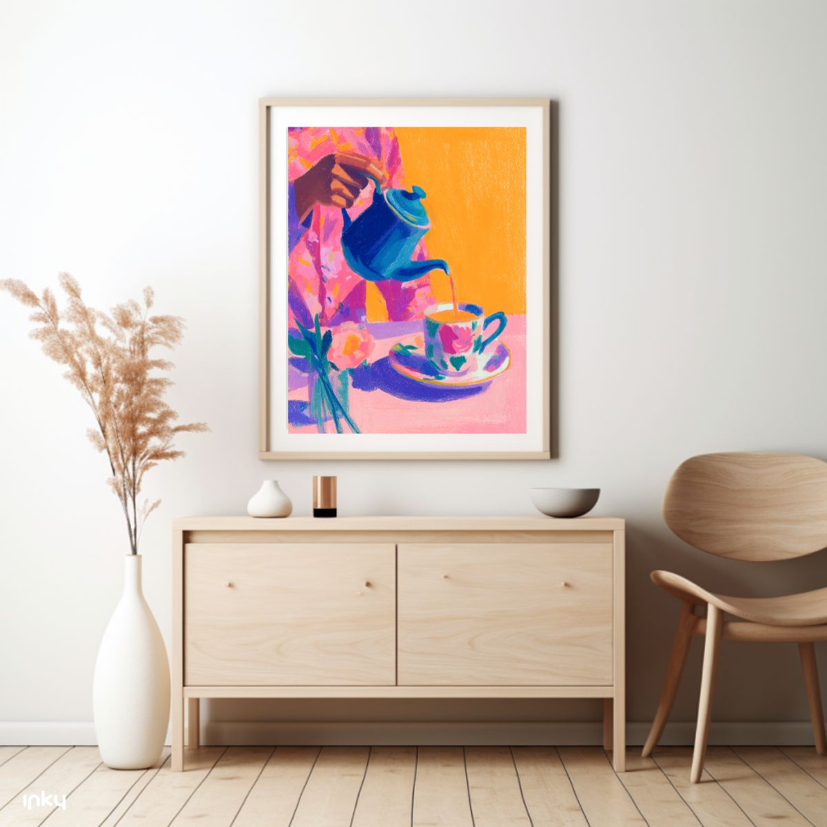 פוסטר צבעוני של אישה מוזגת תה