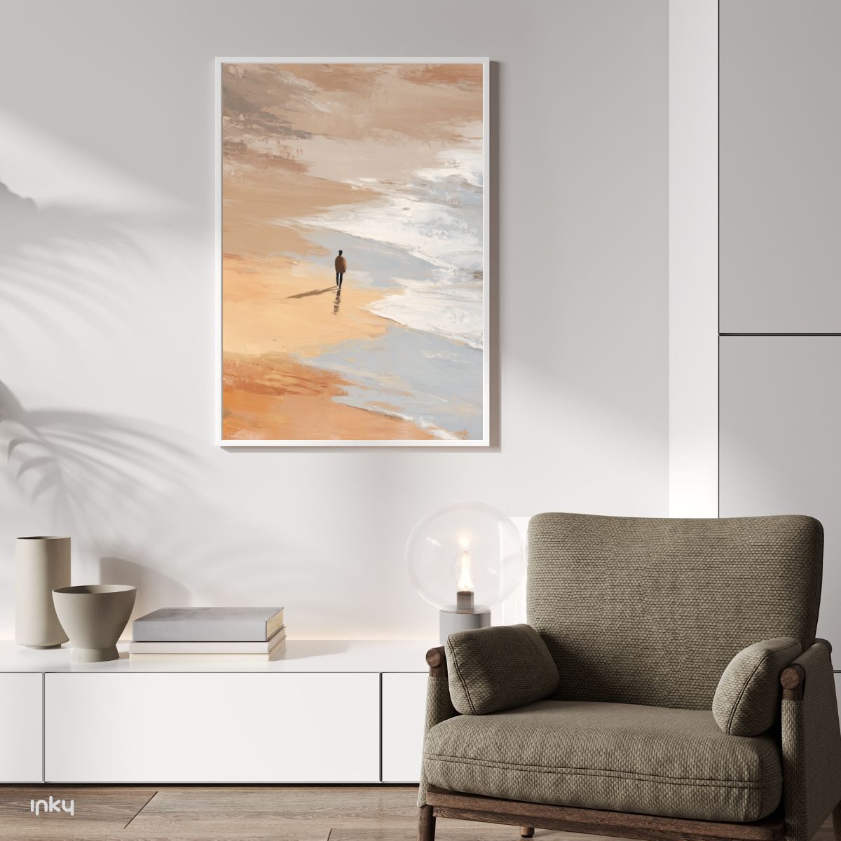 פוסטר של אדם צועד בחוף הים