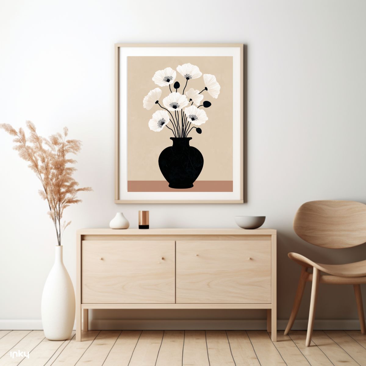 פוסטר של אגרטל שחור עם פרחים לבנים