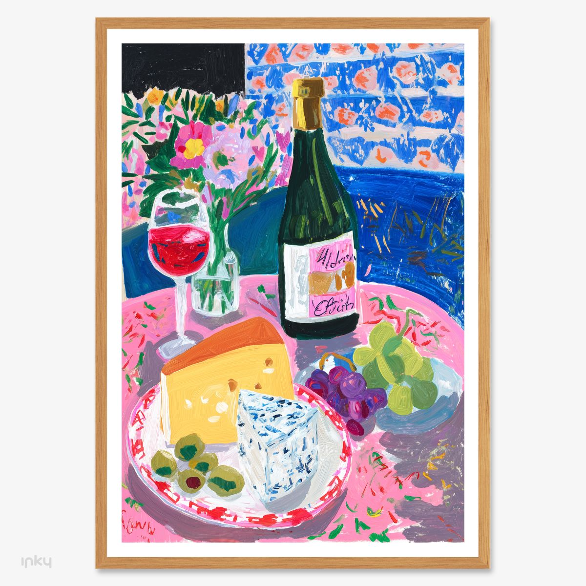 פוסטר של שולחן אוכל עם יין וגבינות