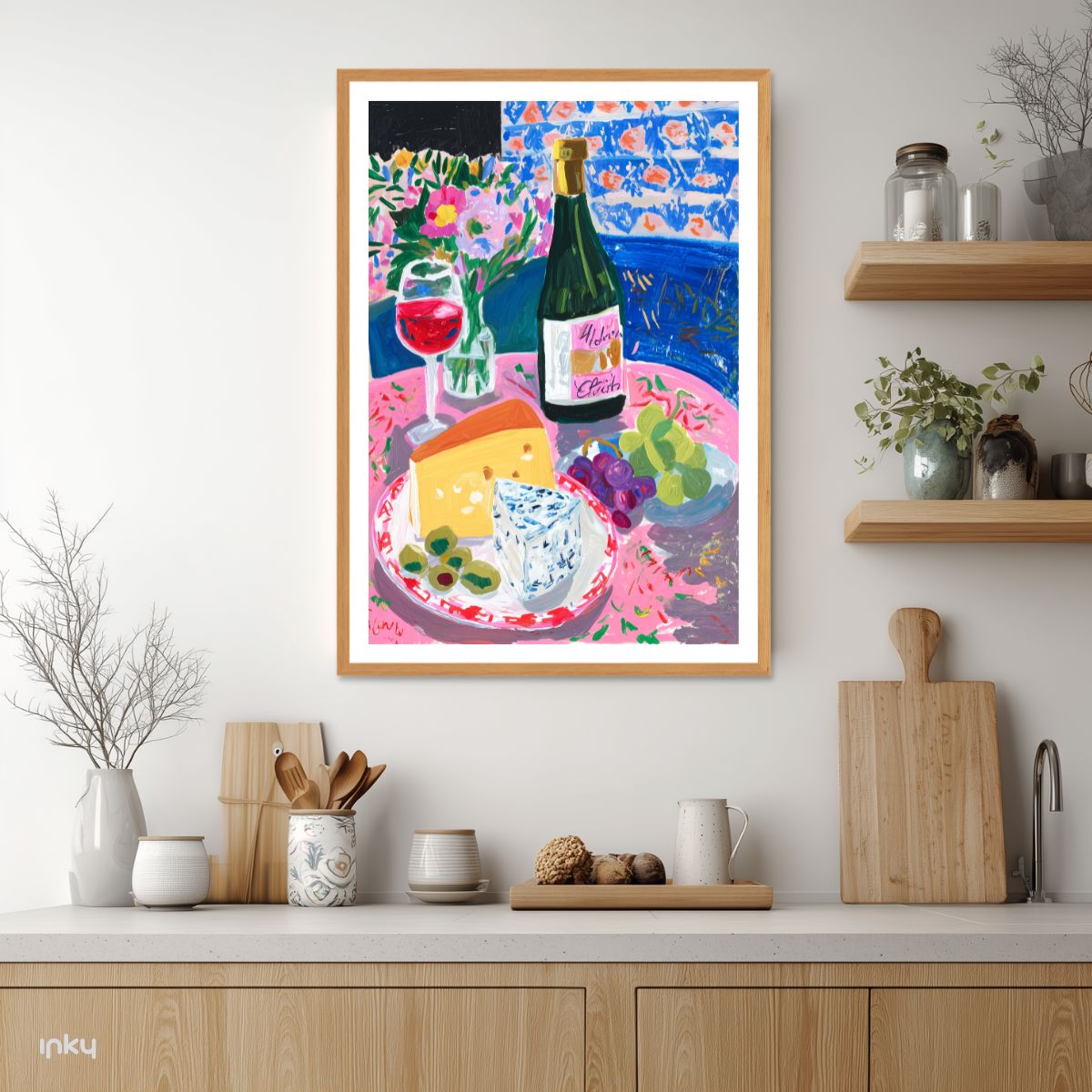 פוסטר של שולחן אוכל עם יין וגבינות