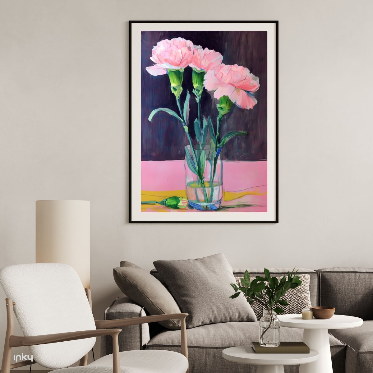 פוסטר של אגרטל עם פרחי ציפורן ורודים