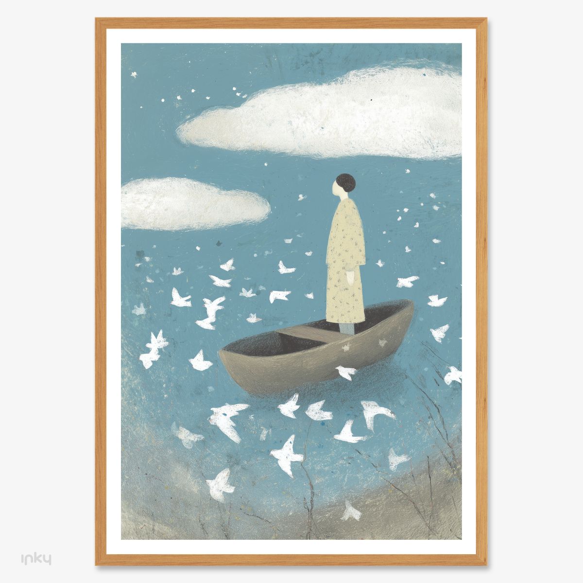 פוסטר של אישה בסירה בלב ים עם ציפורים סביבה
