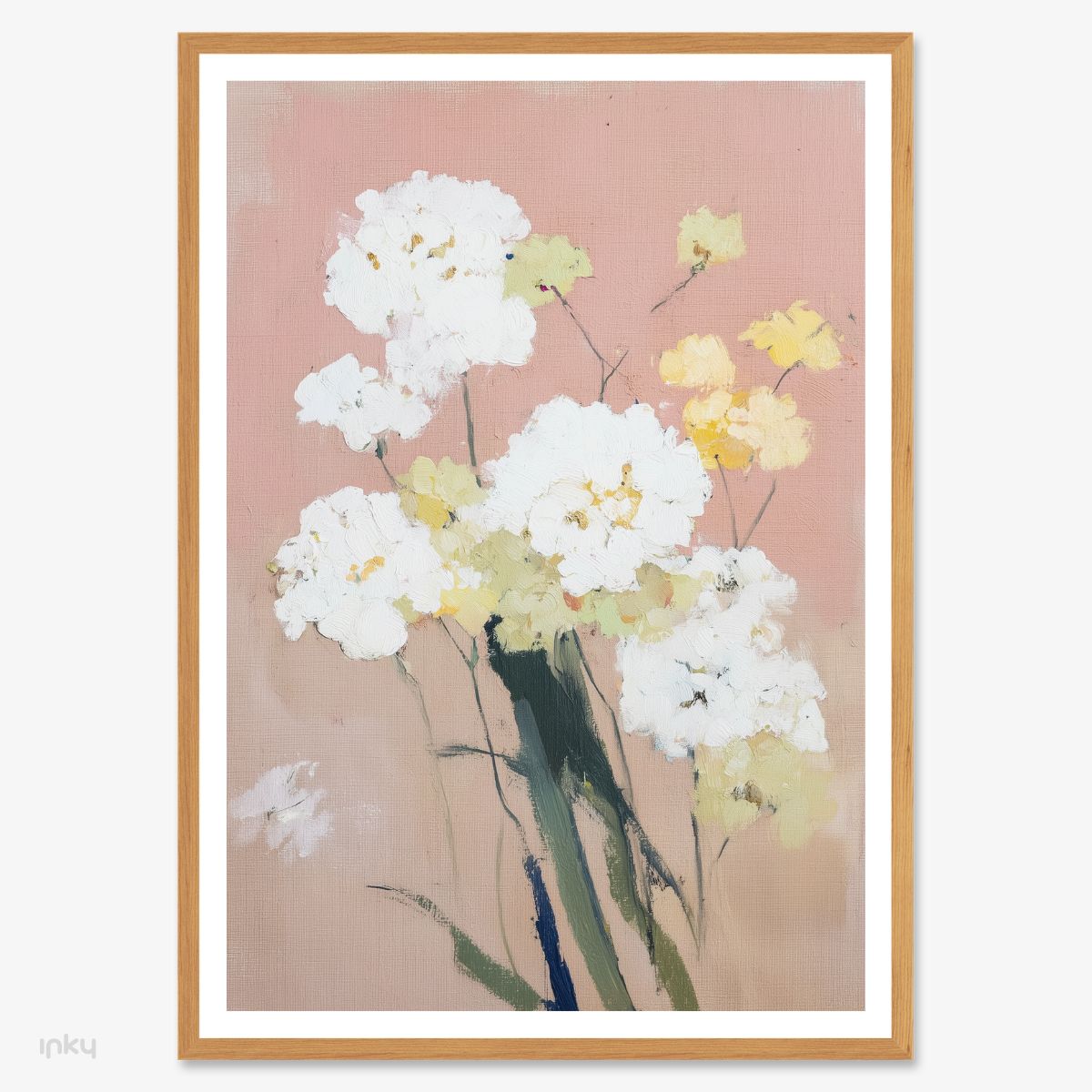 פוסטר ציור של פרחים לבנים על רקע ורוד