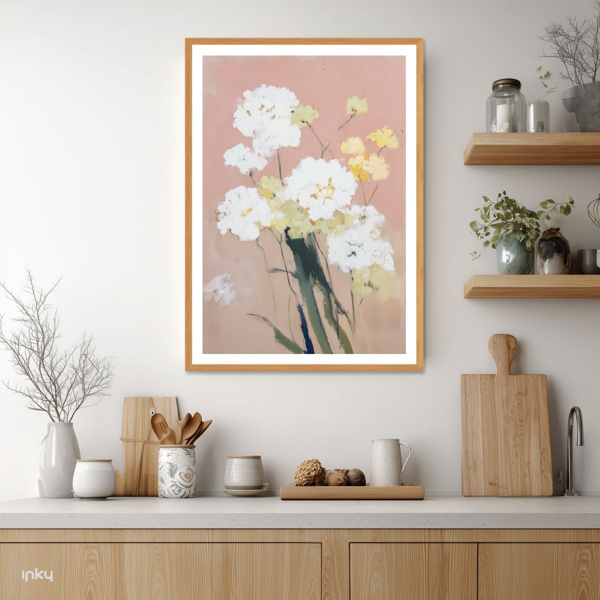 פוסטר ציור של פרחים לבנים על רקע ורוד